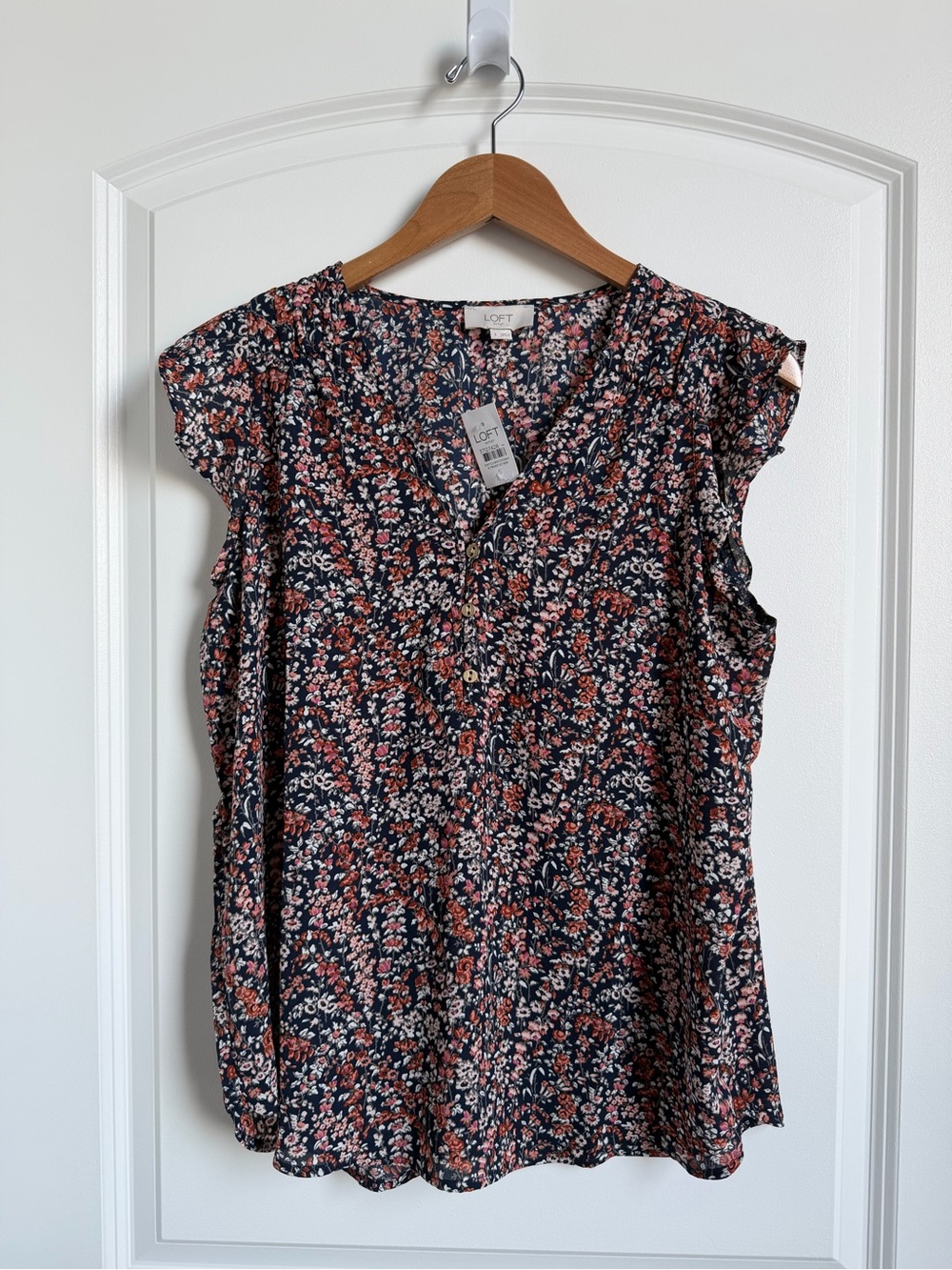 LOFT Outlet Navy Multicolor Floral Ruffle Cap-Sleeve Blouse